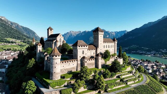 Aerial view of a hilltop castle with turrets and walls, overlooking a town and a lake