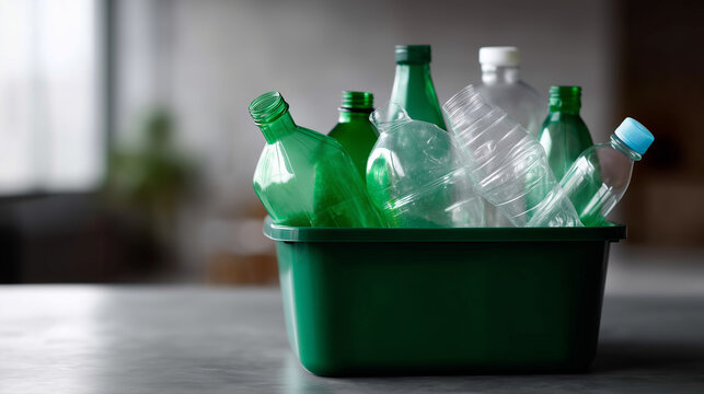 Mixed plastic packaging prepared for recycling: transparent PET bottles, clear and colored caps removed, assorted plastic containers and jugs of different sizes, clean and dry, arr