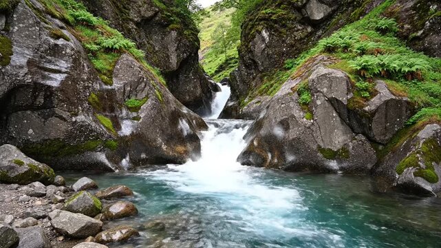 A scenic cascade tumbles between rugged cliffs, flowing into a turquoise pool surrounded by greenery