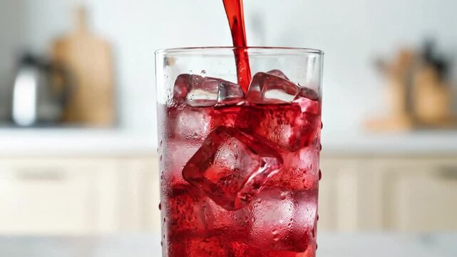 Slow motion red syrup pouring into glass with ice cubes for Iftar concept