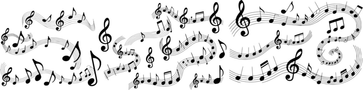 Black musical notes and treble clefs flowing on curved staff lines. Elegant music swirl elements isolated on white background, vector illustration set.