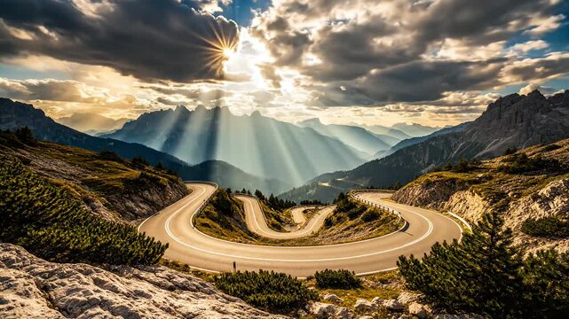 Winding mountain road descending through dramatic landscape with sunbeams breaking through clouds