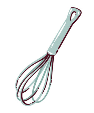 Whisk kitchen tool for baking and cooking. Stainless steel balloon whisk utensil for mixing batter, cream, eggs, dough. Doodle outline pastry equipment icon, cartoon vector illustration.