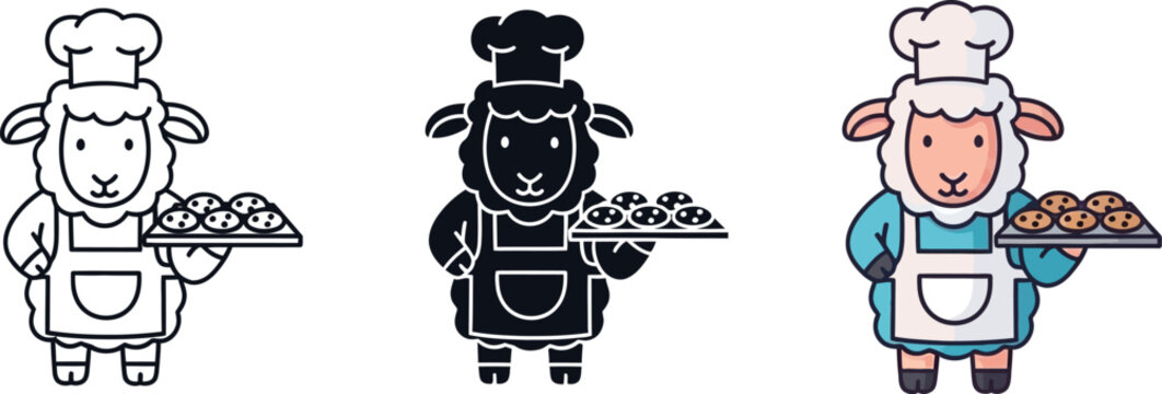 Adorable Cartoon Chef Sheep Holding Baked Cookies, Baking Concept, Three Styles