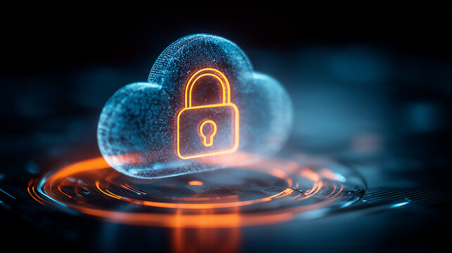 Glowing padlock inside cloud symbol showing cloud security, encrypted data protection and secure access control.
