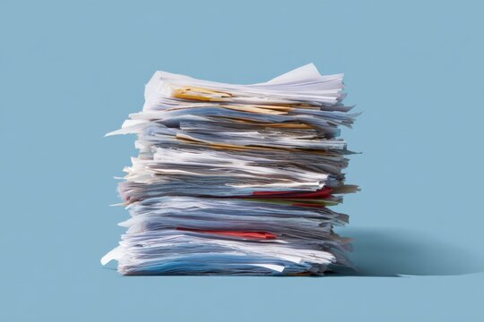 Tall stack of mixed papers against blue background
