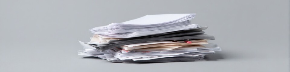 Stack of mixed paper documents on gray background