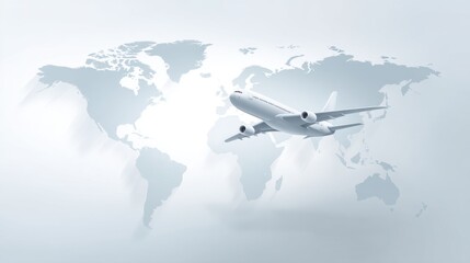A Modern Airplane Flying Over an Artistic World Map Background in Soft Gray Tones for Travel and Adventure Themes