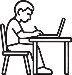 Man sitting at a desk working on a laptop computer  simple line drawing