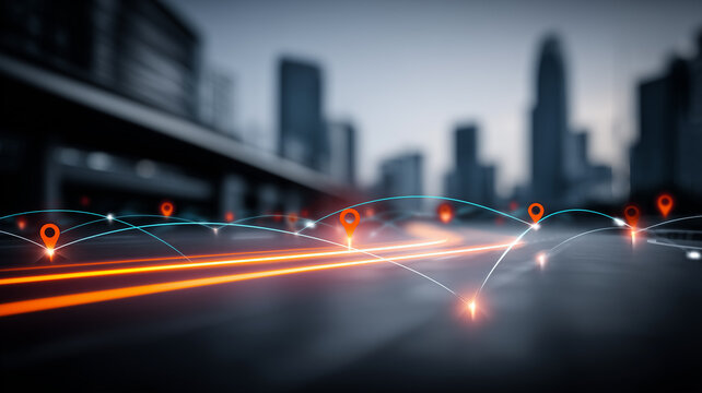 Location pins and connected route lines over a city street, illustrating logistics tracking and smart mobility navigation.
