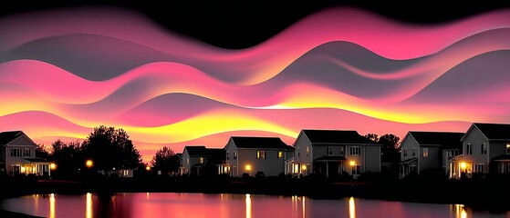 Surreal Colorful Sunset Over Suburban Lake With Wavy Abstract Sky and Reflected Lights