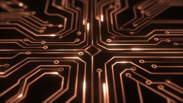 Close up copper circuitry energy pulses traveling traces dark background seamless futuristic surreal ethereal ambience cascading softly glowing abstract unique style ultra realistic loop