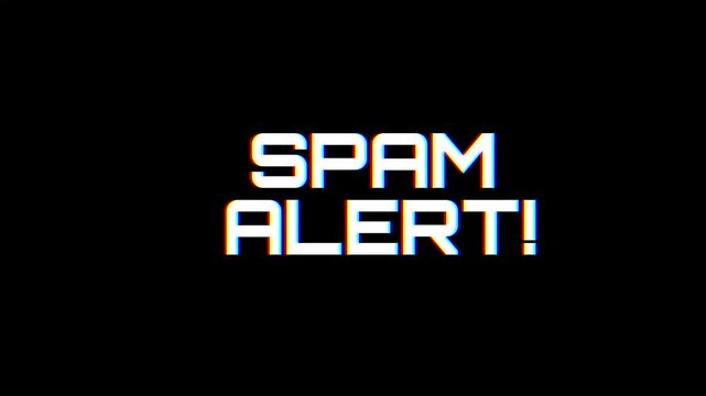Spam Alert! text animation in a glitch effect on transparent background. Suitable for tech articles, website banners, social media posts, and cybersecurity content.