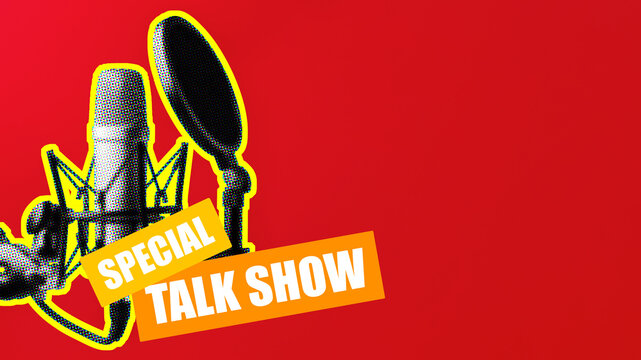 Podcast special talk show with a microphone on a red background