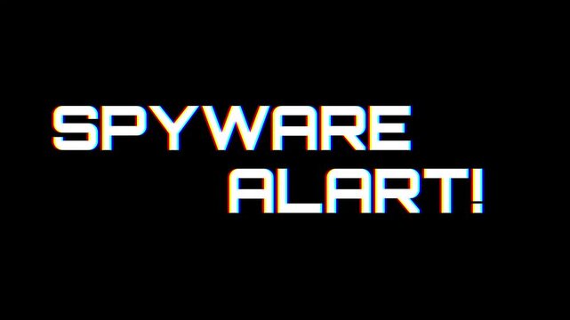 Spyware alart text animation in a glitch effect on transparent background. Suitable for tech articles, website banners, social media posts, and cybersecurity content.