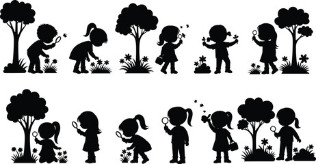 Obraz premium Children outdoor exploration nature learning discovery magnifying glass flowers butterflies plants fun silhouette flat vector