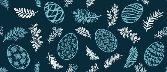 Fototapeta na wymiar Seamless easter eggs pattern on blue 