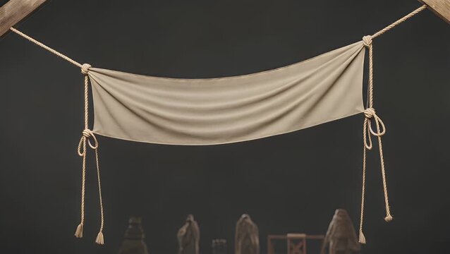 A Horizontally Oriented Banner Graphic with Ropes Attached Securely to Each of Its Four Corners in a Three-Dimensional Rendered Style