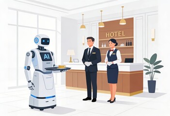 Innovative AI Robot Serving Guests in a Modern Hotel Lobby with Professional Staff Creating a Futuristic Hospitality Experience and Elevating Service Standards