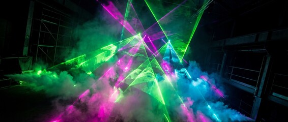 Obraz premium A vibrant nightclub scene with colorful laser lights and fog machines creating a lively atmosphere
