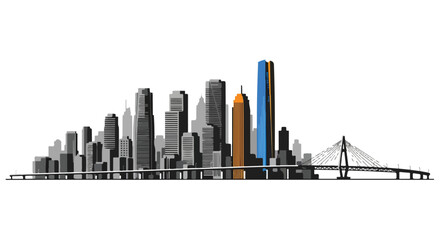 A simplified cityscape illustration with a mix of gray, blue, and orange skyscrapers and a bridge against a white background.
