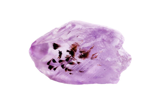 Natural amethyst crystal hematite or goethite cluster with purple gemstone formations, isolated on white background. Raw quartz mineral specimen showcasing geological beauty and crystalline structure.