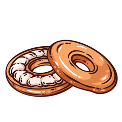 Fototapeta premium Bagel breakfast food for cafe menu. Fresh bagel bread with cream cheese filling, bakery product, classic morning food. Retro hand drawn line art style. Bagel bread. Vector illustration.
