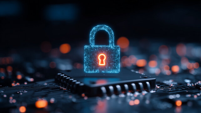 Digital padlock hovering above a microchip representing hardware encryption and secure computing technology.
