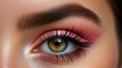 Fototapeta premium Detailed Close-Up of a Woman's Eye with Soft Pink Makeup Creating a Delicate and Elegant Look with Defined Eyelashes and Smooth Skin Texture
