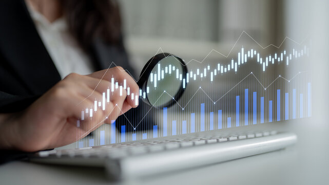 A business professional uses a magnifying glass to analyze financial data, surrounded by analytical charts and encouraging growth metrics, reflecting modern workplace dynamics. Scalp