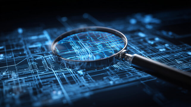 Magnifying glass over electronic circuit blueprint representing engineering inspection and technical research.

