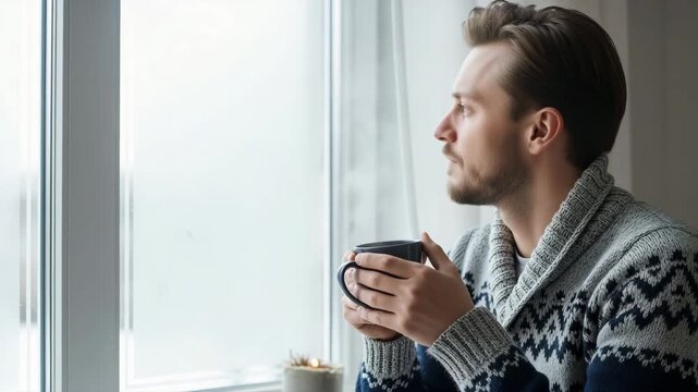 Man in a patterned sweater looking out a window with a steaming mug. Contemplative male reflecting by a bright window. Winter morning routine and mindfulness concept
