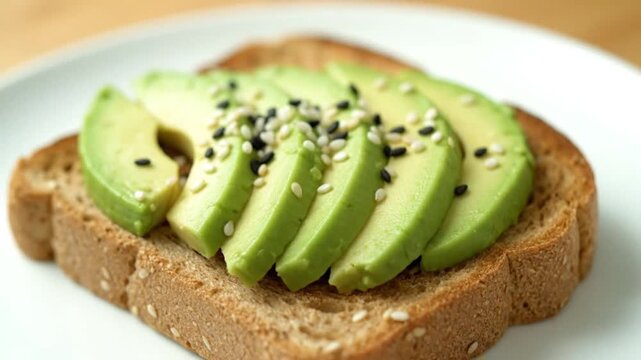 Delicious Avocado Toast Sprinkled with Sesame Seeds on Whole Wheat Bread.