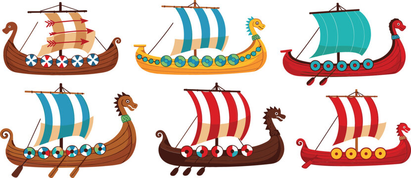 Colorful Viking longship vector set with cartoon dragon boats and striped sails, historical nautical illustrations for kids designs, education projects, posters, and prints