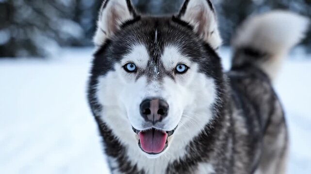 A close-up portrait of a majestic dog with piercing blue eyes set against a snowy landscape