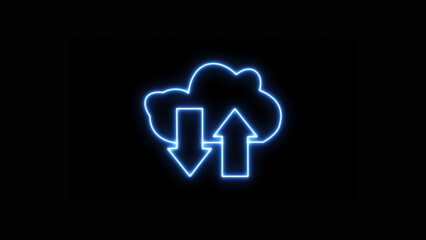 A vibrant colorful neon blue glowing cloud icon with upward and downward arrows, symbolizing data upload and download or synchronization, isolated on black background.