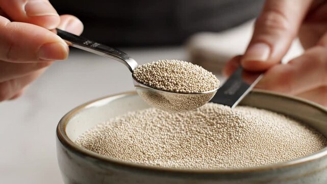 Close-up of hands measuring ingredient, using teaspoon and measure, from a ceramic bowl
