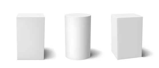 Plakat White 3D pillar podium display platform with geometric pedestal stand - realistic cube and cylinder column mockup set. Minimalist stage base for product presentation, winner award or museum exhibit