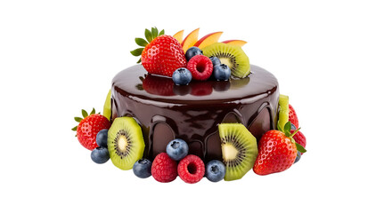 Chocolate cake with fresh fruit on white background