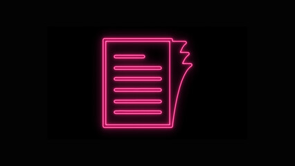 A vibrant pink neon document icon with text lines, representing paper, files, and contracts in a modern digital concept, isolated on black background.