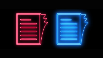 Set of colorful neon document icons with glowing red and blue outlines, symbolizing digital files, data, and information technology, isolated on black background