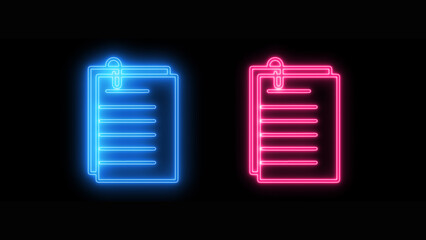 Set of two colorful neon document icons with paperclips, glowing blue and pink, symbolizing digital files, data, modern organization and technology isolated on black background.