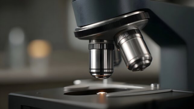 Detailed close up of a modern microscope s optical system and illuminated stage emphasizing precision research and scientific explo n