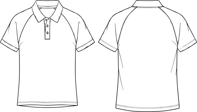Men Classic Polo Shirt Vector Illustration with Raglan Short Sleeves and Button Placket Front and Back View Fashion Technical Sketch