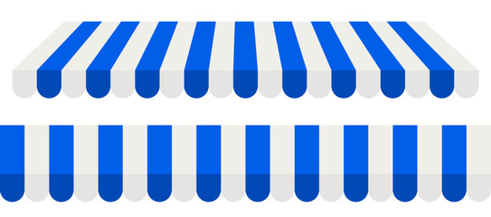 Fototapeta na wymiar Blue and white striped shop awning. Vector illustration of a store or market canopy isolated on transparent background.