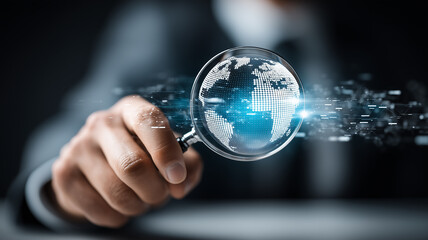 Fototapeta premium Hand holding a magnifying glass over a digital globe representing global search and data intelligence research. 