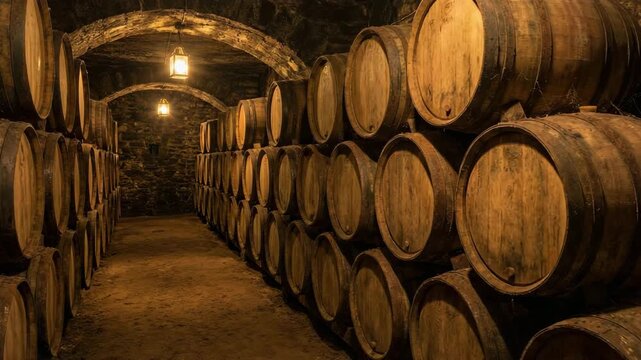 vintage wine barrels in underground stone cellar storage video