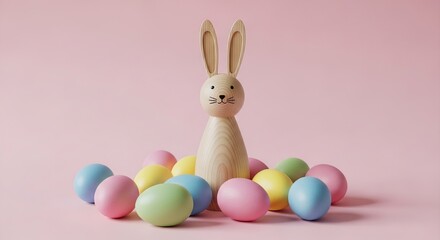 Obraz premium Wooden bunny figurine with pastel Easter eggs