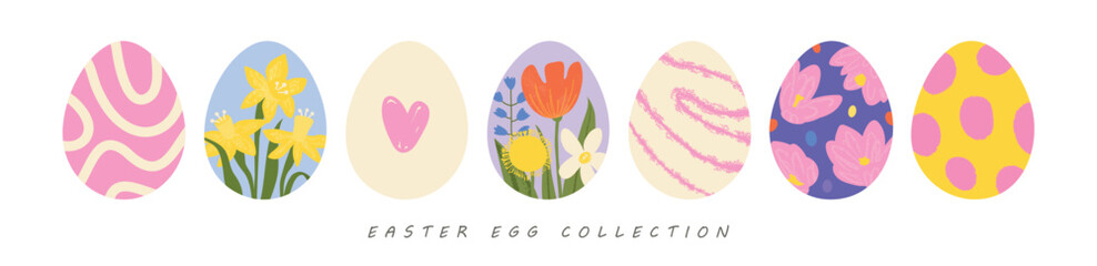 A collection of decorative painted Easter eggs in a trendy flat style featuring hearts, spring flowers, and geometric patterns. Vector elements for holiday design.