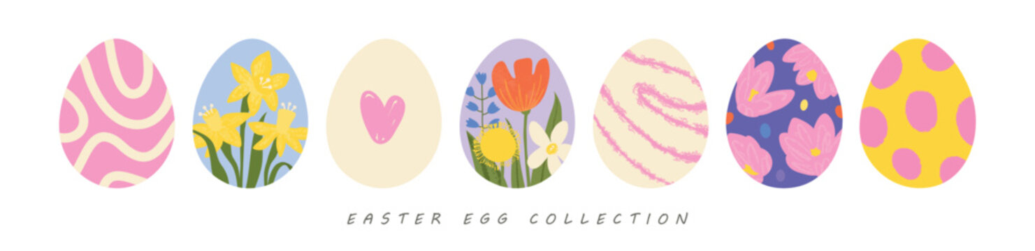 A collection of decorative painted Easter eggs in a trendy flat style featuring hearts, spring flowers, and geometric patterns. Vector elements for holiday design.